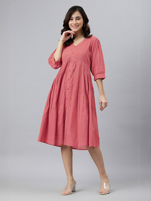 Peach Pure Cotton Solid Gathered Dress